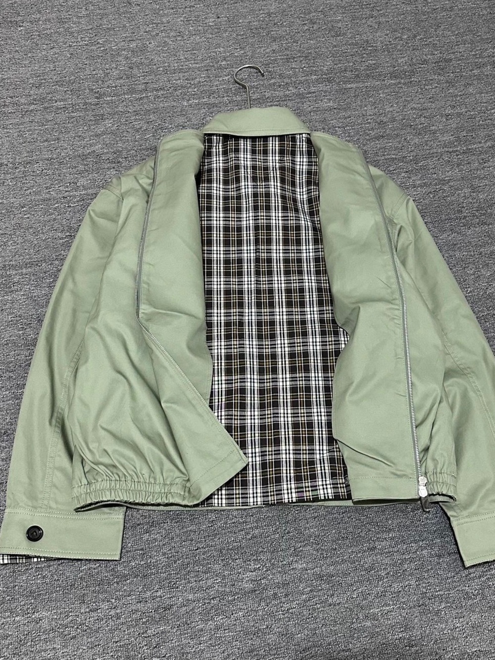 Bottega Veneta Men's Light Green Bomber Jacket with Plaid Lining